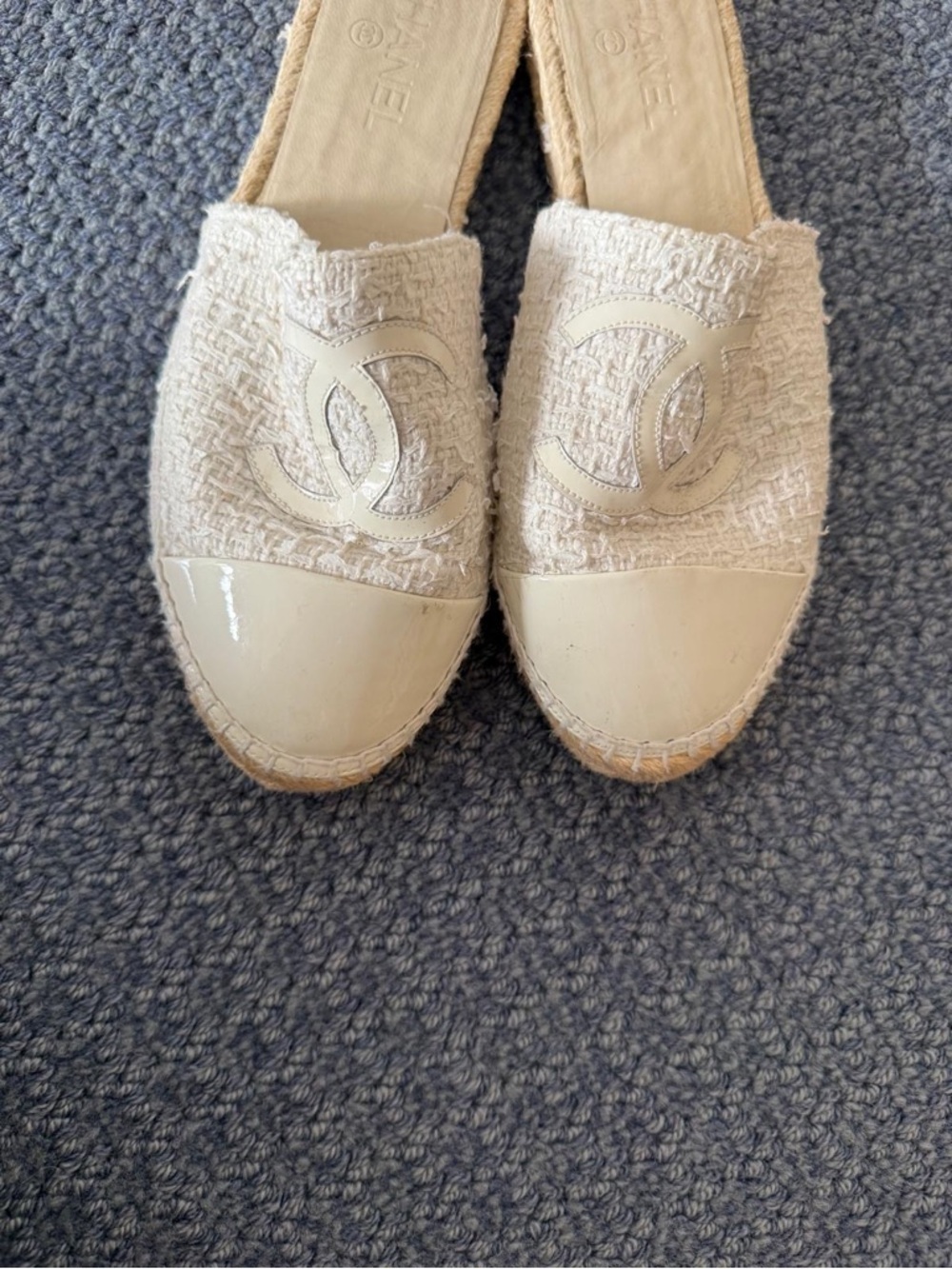 CHANEL authentic Cream Tweed Espadrille Slip-Ons with Patent Cap Toe